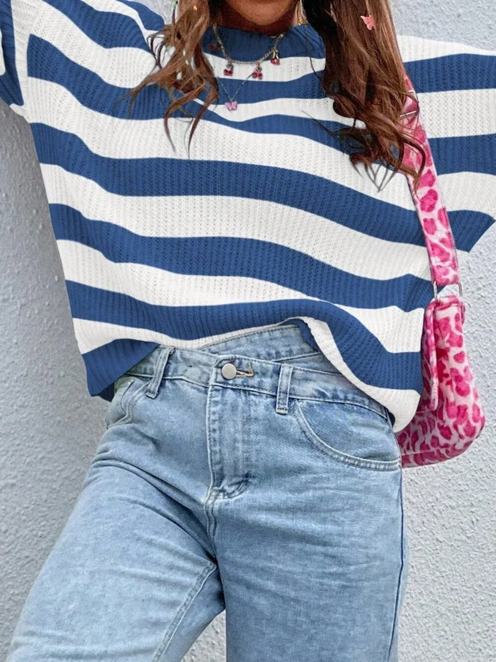 Multicolor Casual Women's Striped Drop Shoulder Knit Pullover Sweater - Picture 5 of 8